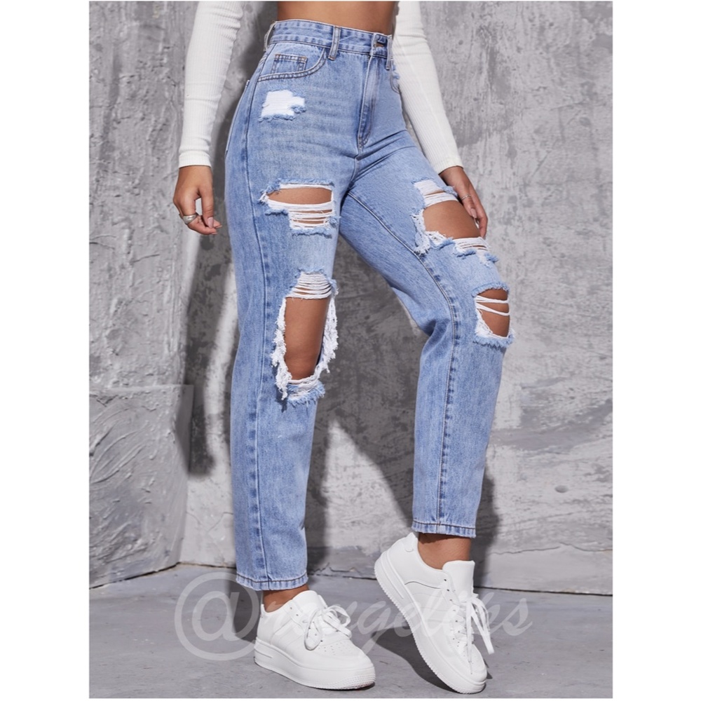 Light Wash Blue Jeans Distressed Ripped High Waist Raw Hem - Picture 4 of 7